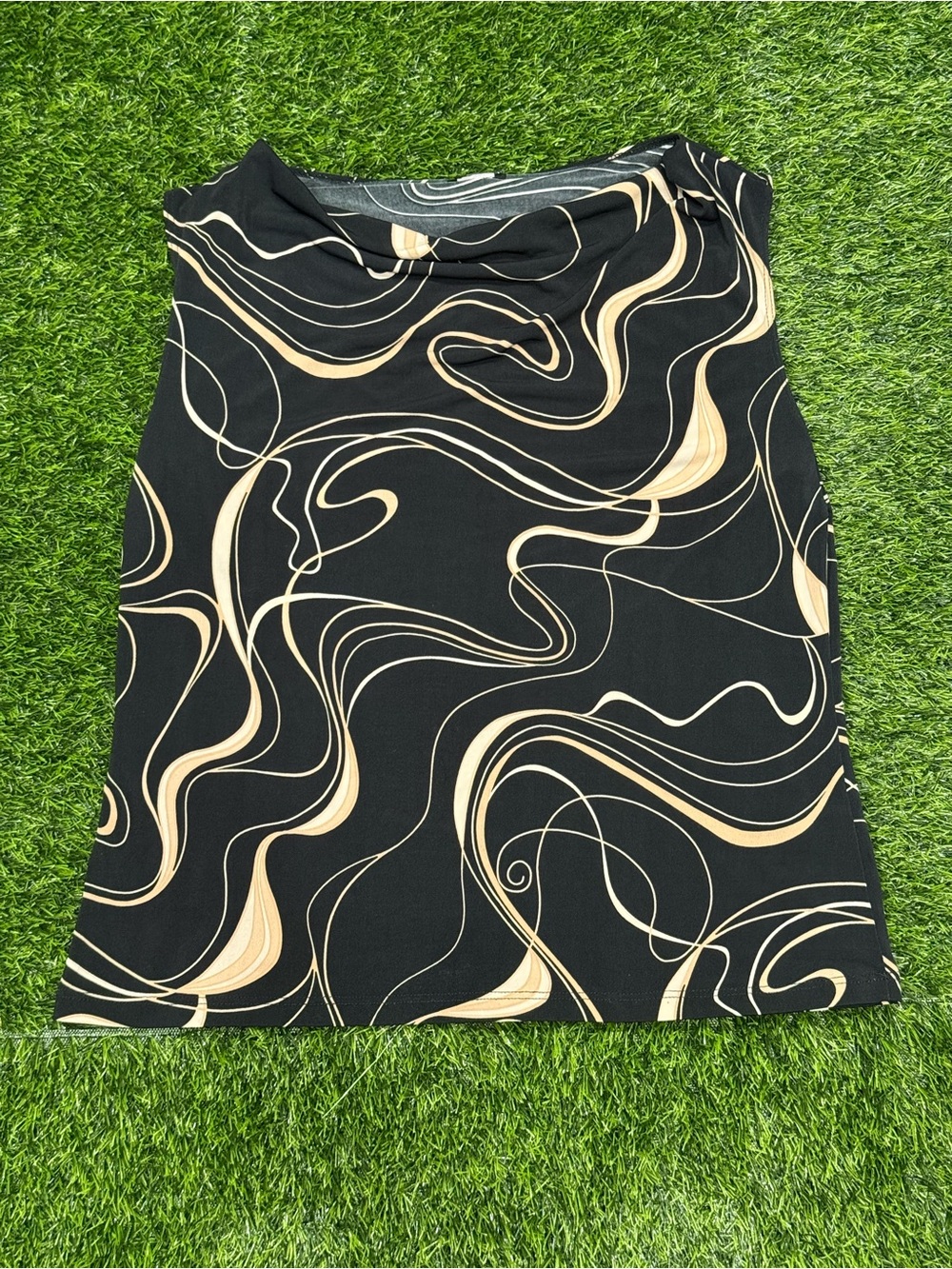 Women’s Black & Beige Abstract Pattern Top Regular Size Type Sleeveless Tank xl